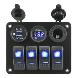 4 Gang Switch Panel For Car RV Camper Caravans Dual USB Port Digital Voltmeter Circuit Breaker LED Rocker Aluminum Panel