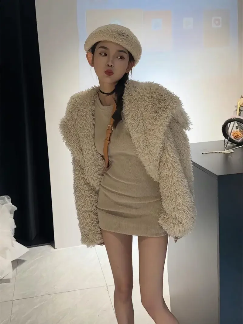 Korean Fashion Top Women's Winter New High-end Lamb Wool Short Jacket+slim Fit Hip Hugging Dress Two-piece Set Female Clothing