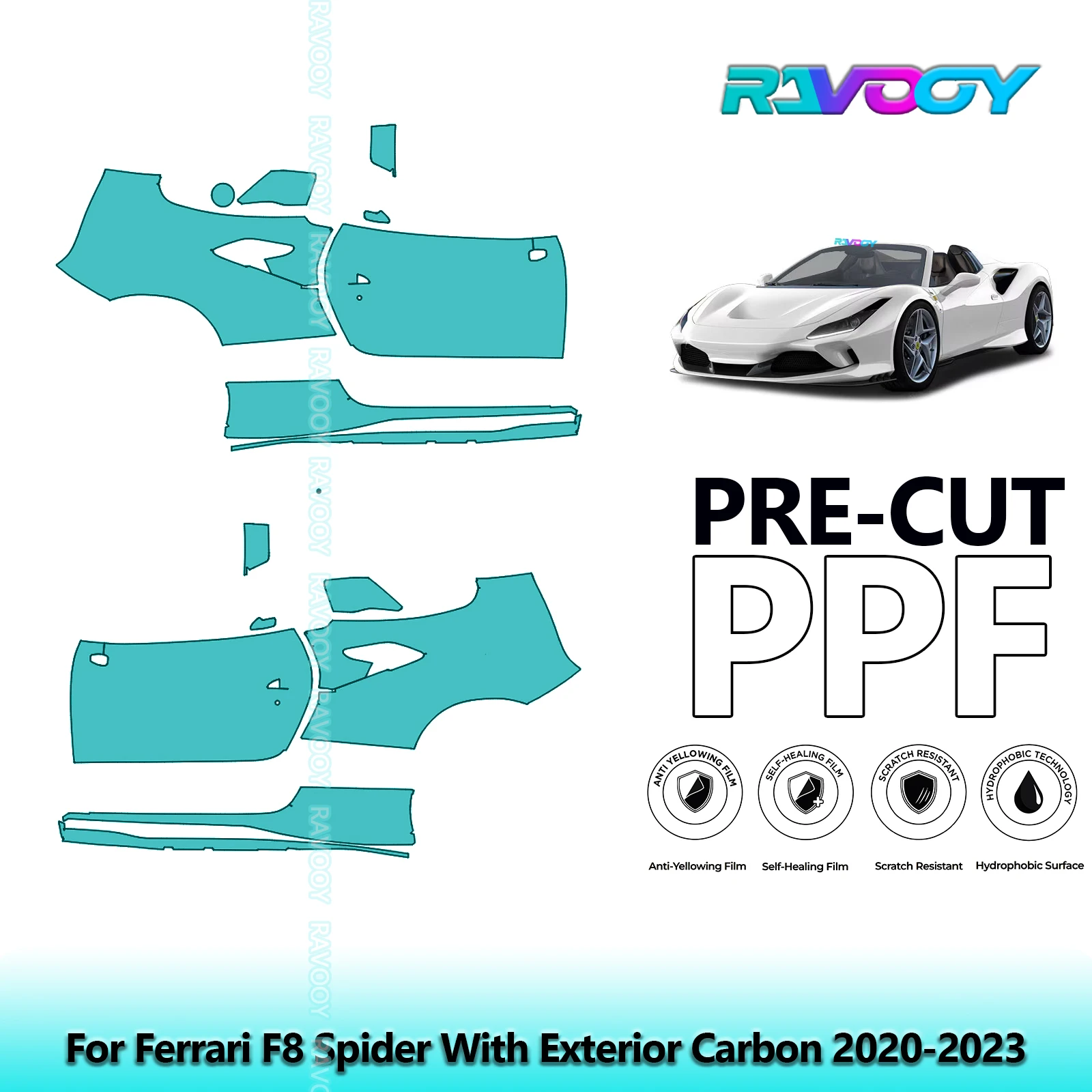 

For Ferrari F8 Spider With Exterior Carbon 2020-2023 8.5mil Pre-Cut PPF Door & A/B Pillar Kit TPU Paint Protection Film Set