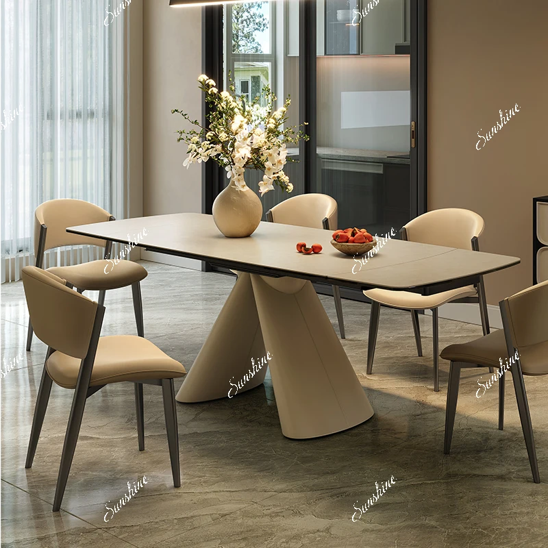 

Small apartment Italian minimalist retractable travertine rock slab dining table