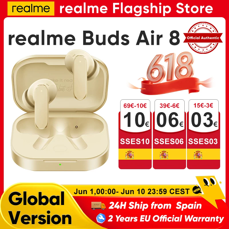 Realme Buds Air 8 New Bluetooth Headphones with Ai Assistant, 55 Db and 58 Hours of Battery Life for Realme 16 Pro Plus, Realme Gt and 8 Pro
