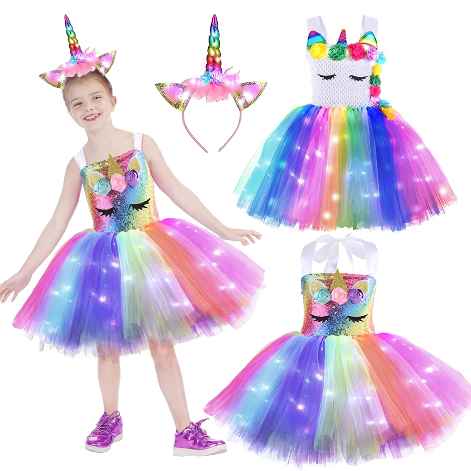 

Girls Unicorn Dresses Tutu Princess Shiny Dress Glowing Party Children Fancy Dancing Cosplay Costume For 1-10 Years