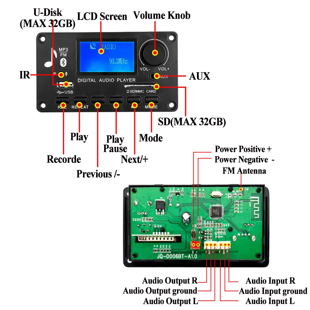 Immagine 7: Scheda Decoder Bluetooth MP3 WMA KEBIDU, Lettore MP3 Wireless 12V per Auto con Schermo LCD, Modulo Audio USB TF AUX FM