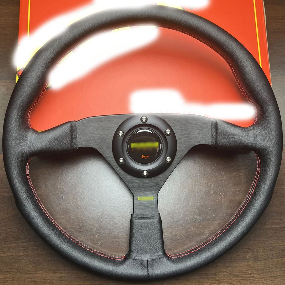 14 inch Genuine Leather Steering Wheel MOMO Racing Universal Black Steering Wheel Red stitching