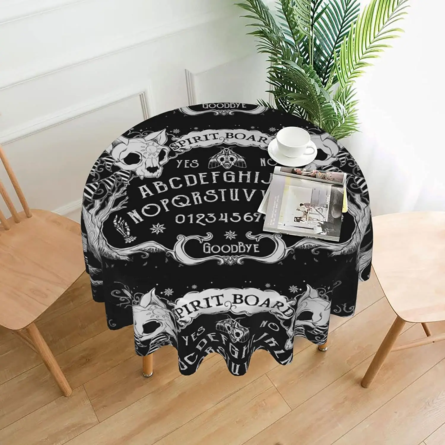 Cat Skull Head Witch Board Black Gothic Round Tablecloth 60 Inch Waterproof & Dust-Proof, Decorative Dining Table Cover for Home