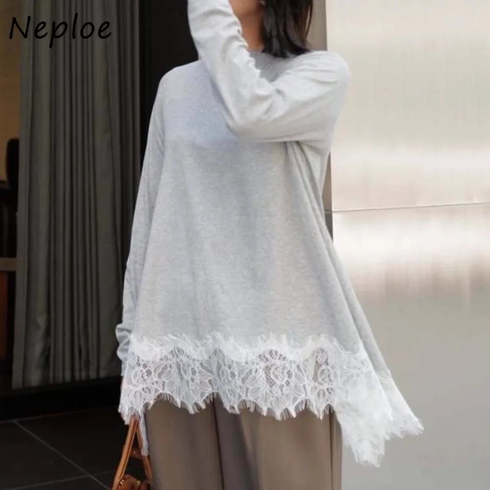 

Neploe, простая новая свежая литературная футболка, кружевная лоскутная майка, рубашка с круглым вырезом и длинными рукавами, японская нерегулярная мода, французская Mujer