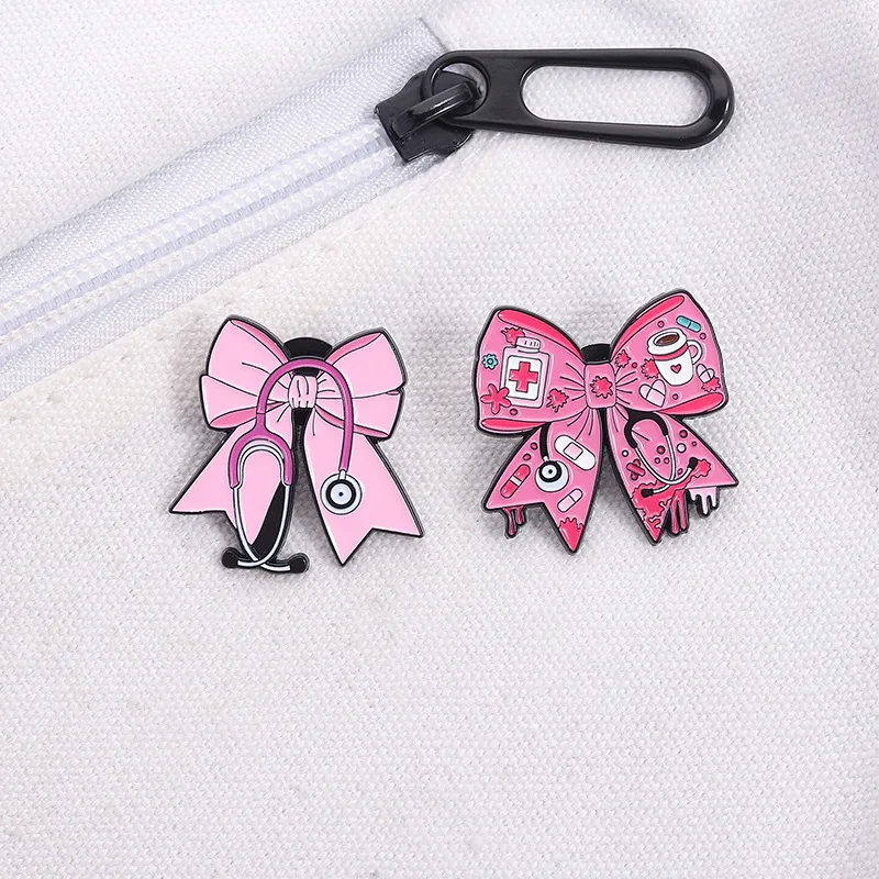 

Pink Bowknot Medical Tools Stethoscope Enamel Pins Surgical Gloves Capsule Band Aid Brooches Clothes Lapel Badges Jewelry Gift