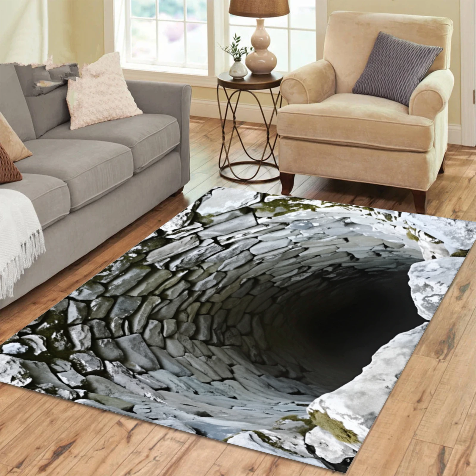 Ins 3D Hole Illusion Carpet Realistic Cave Floor Rug Washable Anti-Slip Unique Optical Illusion Rug for Living Room Popular Rug