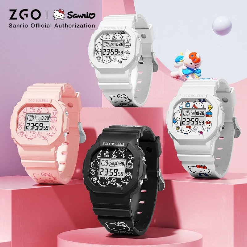 ZGO X Sanrio HelloKitty นาฬิกาอิเล็กทรอนิกส์กันน้ํากีฬานาฬิกาข้อมือ TPU สายนาฬิกา Chronograph หญิงคริสต์มาสของขวัญ 8611