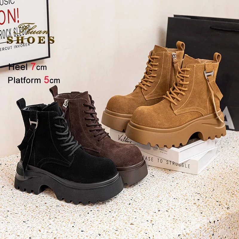 

Ботинки из матовой кожи, обувь на толстой подошве 7 см, модные удобные непромокаемые осенние туфли на платформе, женские ботильоны