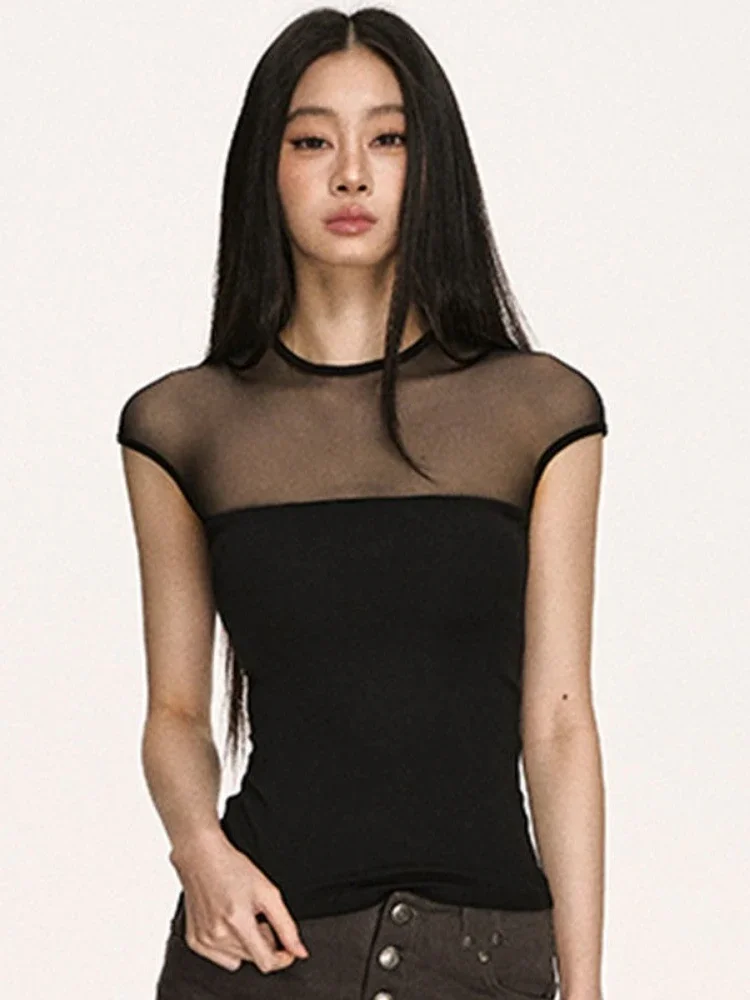 Y2k الشاش المرقعة امرأة بلايز 2025 Ropa Mujer خمر مثير كل مباراة موضة تيز الصيف شيك سليم صالح قصيرة الأكمام تي شيرت