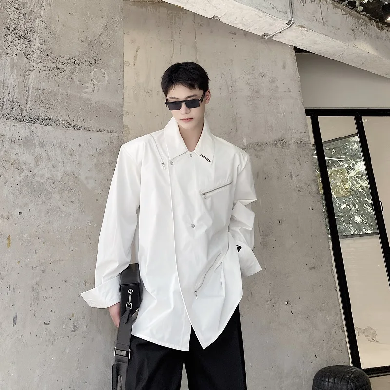 

Men's Shirt Casual Long-sleeved Zipper Blouses Spring Korean Style Vintage Top Solid Color Oversized Loose Male Clothes Y16