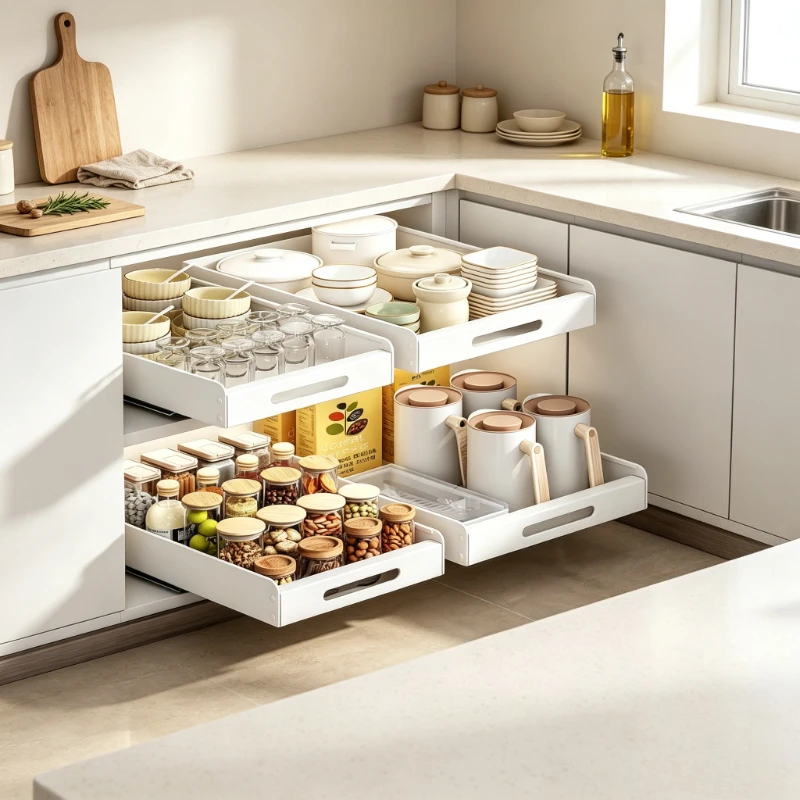 Pull Out Under Sink Organizer Rack Sliding Rails Storage Drawer for Kitchen Utensils Cookware Pantry Daily Use 싱크대 하부 수납 선반