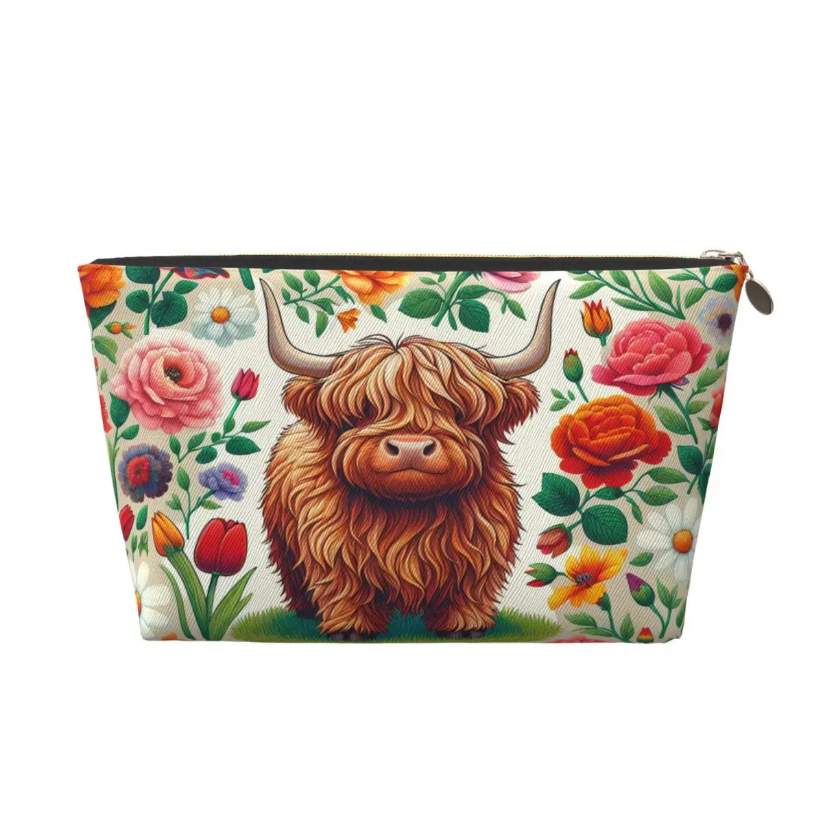 Custom Highland Cow And Flower Travel Cosmetic Bag for Women Toiletry Makeup Organizer Lady Beauty Storage Dopp Kit