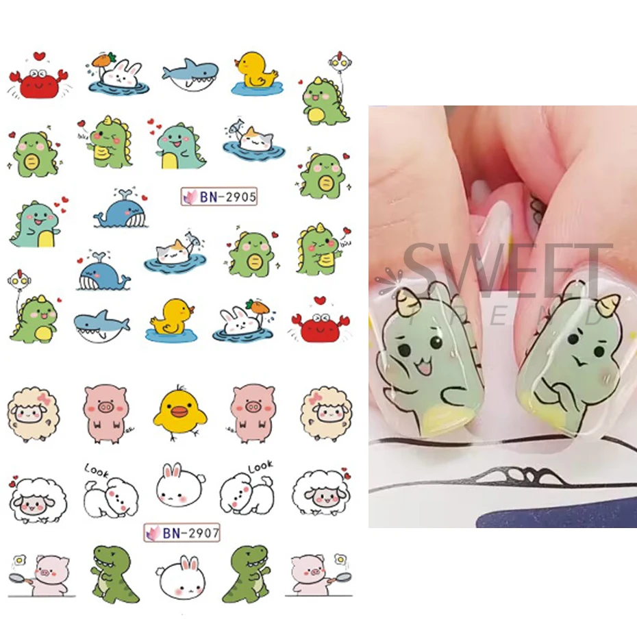 12pcs Cartoon Dinosaur Nail Stickers Cute Panda Dog Rabbit Animal Heart Pet Water Manicure Decals Slider Kawaii Nail Decoration