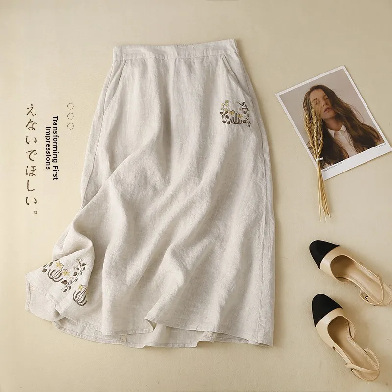 

Ретро-юбка из хлопка и льна с вышивкой, женская летняя новинка, с завышенной талией, стройнящая, миди, А-силуэт, для повседневной носки, в художественном стиле