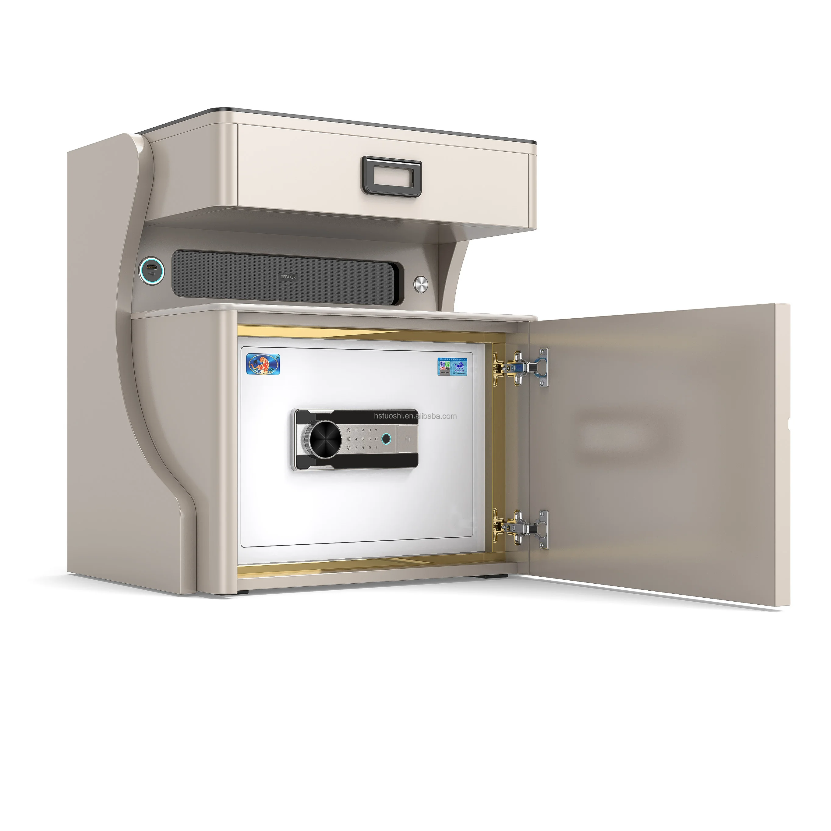 طاولة سرير ذكية متعددة الوظائف، آمنة وحديثة وبسيطة، مكبر صوت بلوتوث قابل لإعادة الشحن، قفل ببصمة الإصبع، طاولة بجانب السرير #5