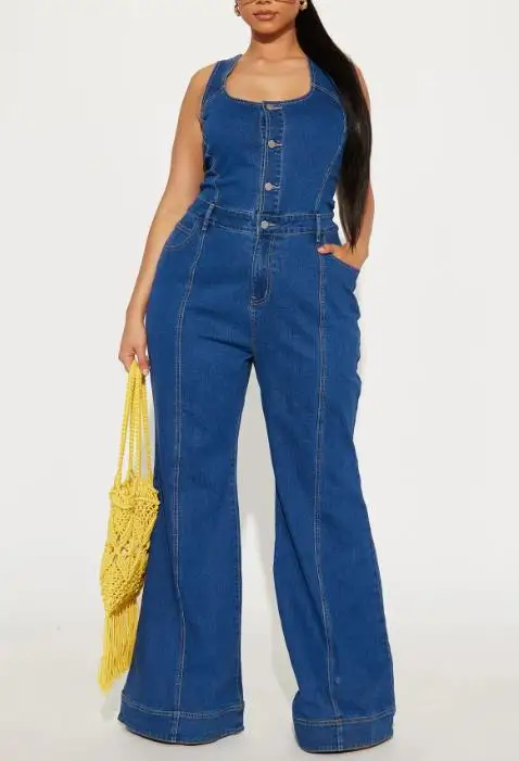 

Summer New Retro Vintage Vintage Deep Blue Round Neck Sleeveless Camisole Jumpsuit for Women, Fashionable Slim Fit Jumpsuit