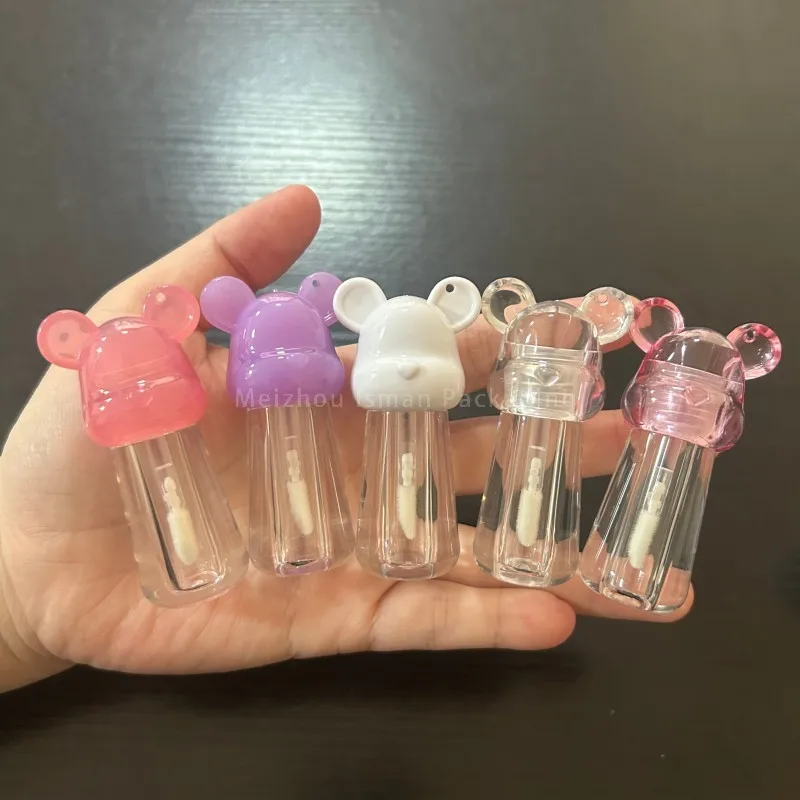 

50Pcs Bear Head Empty Bottles 5 Color Lids Refillable Lip Gloss Tubes with Applicator
