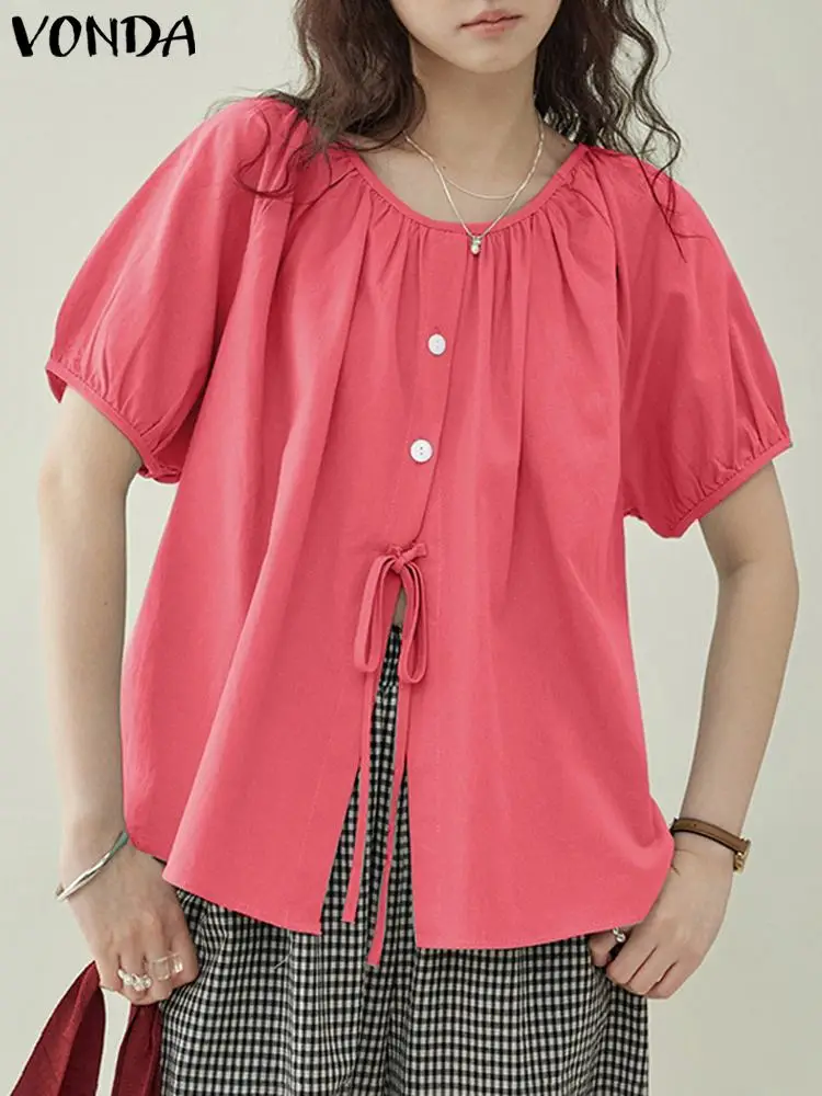 

VONDA женская элегантная Летняя туника с коротким рукавом 2024 модная блузка повседневные однотонные рубашки бандажные свободные уличные Блузы