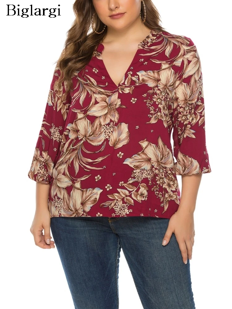 

Plus Size Spring Summer V-Neck Pullover Tops Women Floral Print Modis Long Sleeve Ladies Blouses Loose Casual Pleated Woman Tops