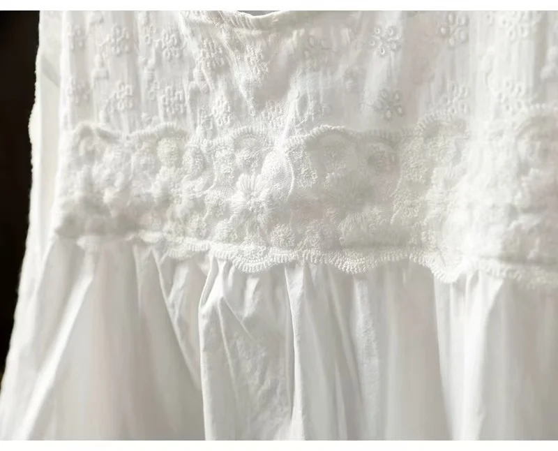 2026 Women\'s 100% Cotton White Lace Embroidered Blouse, 3/4 Sleeve Loose Fit Top, Bohemian Babydoll Shirt