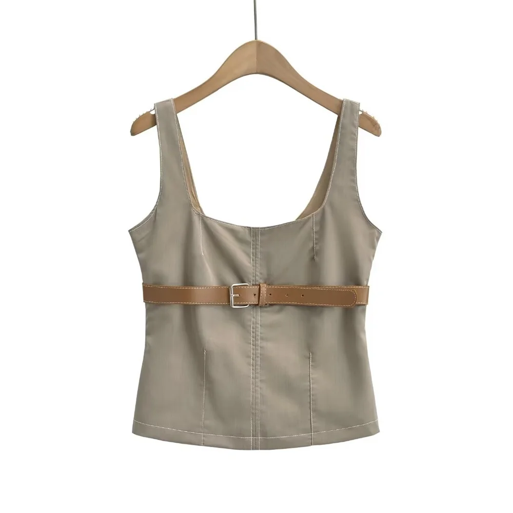 

Taop&Za Summer New Women's Fashion Square Collar Sleeveless Threaded Decoration with Belt Tank Top Strap Short Top
