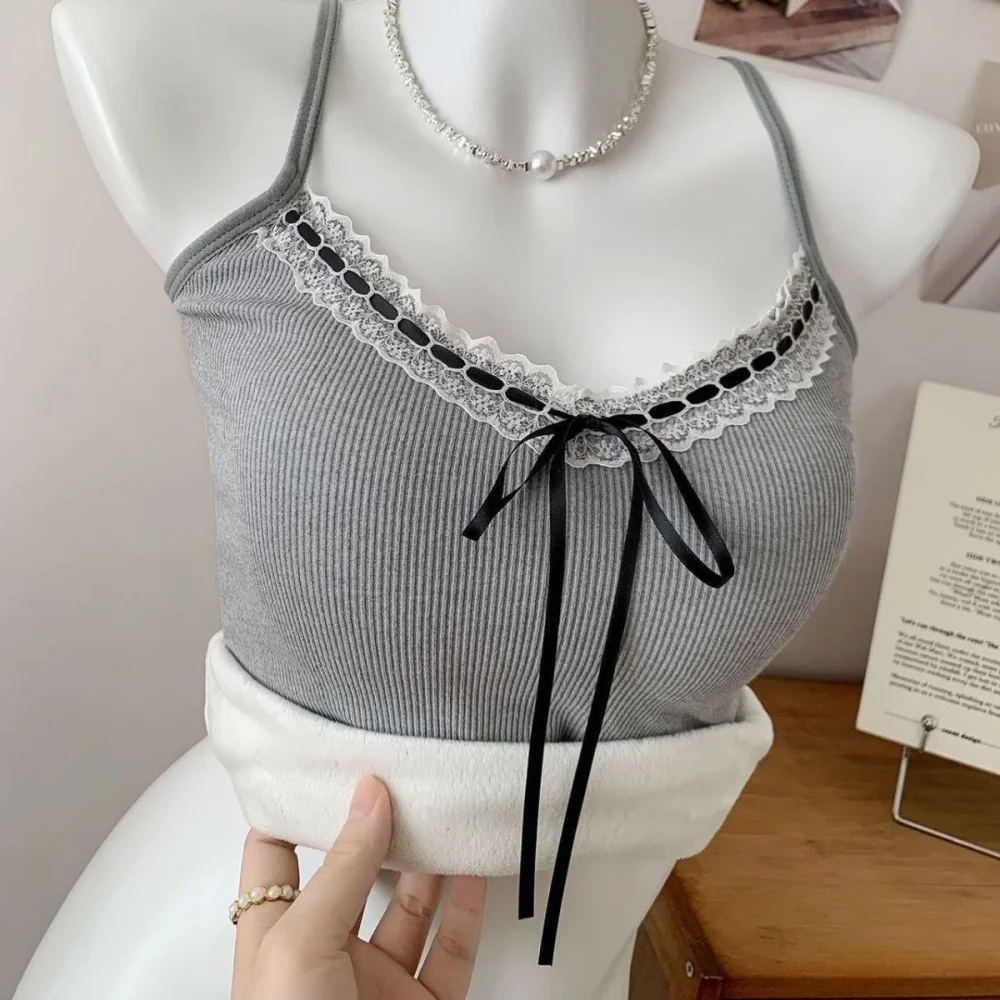 

Women Thermal Underwear Bow Knot Camisole Vest Winter Warm Sexy Lingerie Solid Color Casual Velvet Sleeveless Tops Undershirt