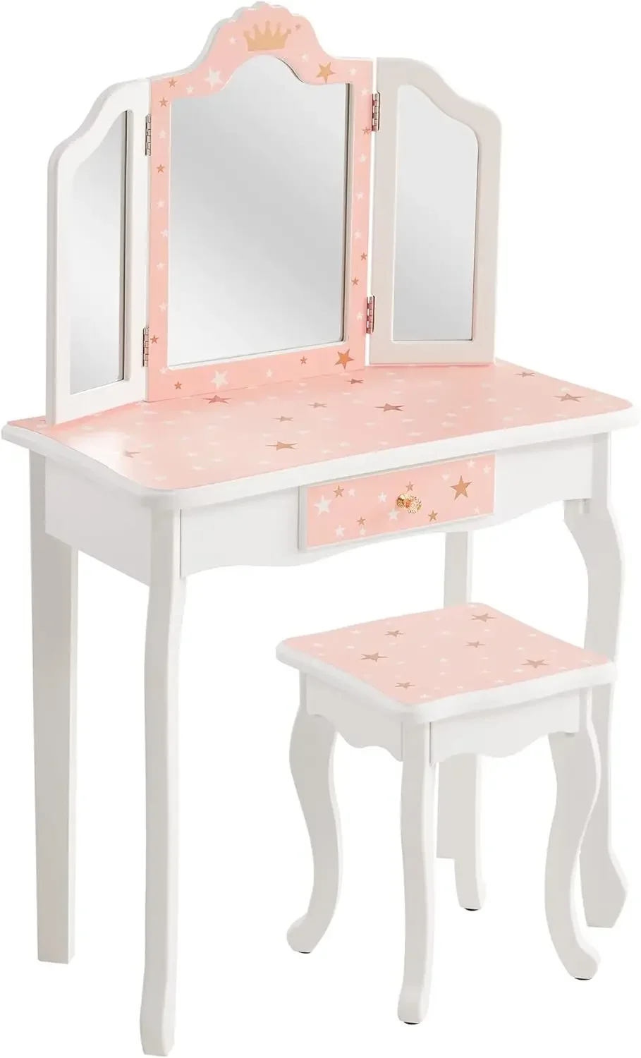 Table and Chair Set, Girls Vanity Set with Stool, Tri-Folding Mirror, Makeup Dressing Princess Table with Drawer for Little Girl