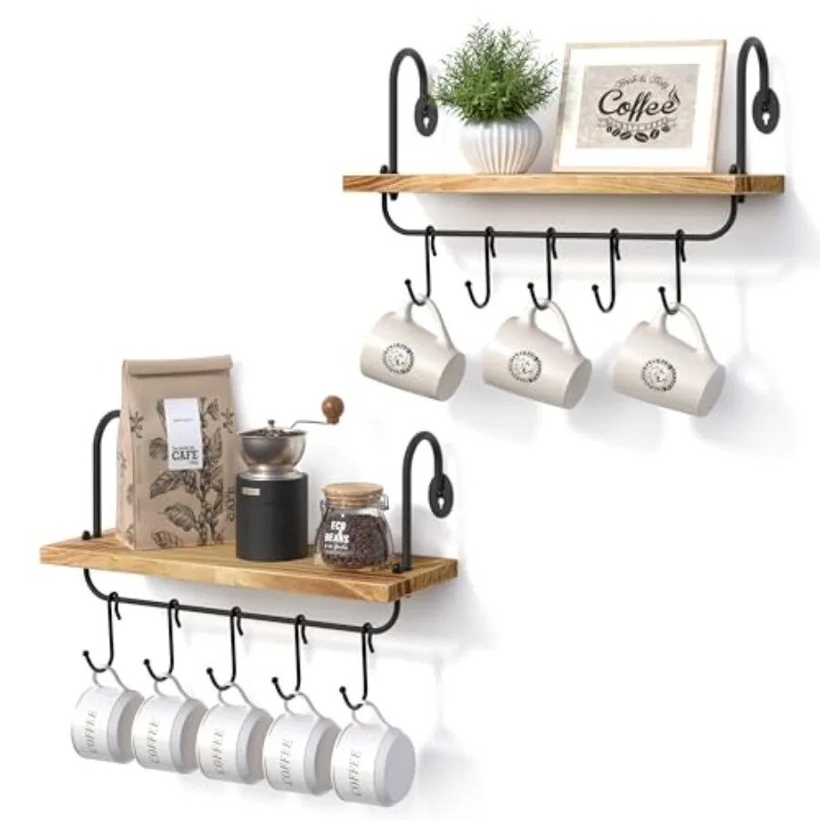 

Floating Wall Shelves for Kitchen Bathroom Coffee Nook with 10 Adjustable Hooks for Mugs Cooking Utensils or Towel Rustic Stora