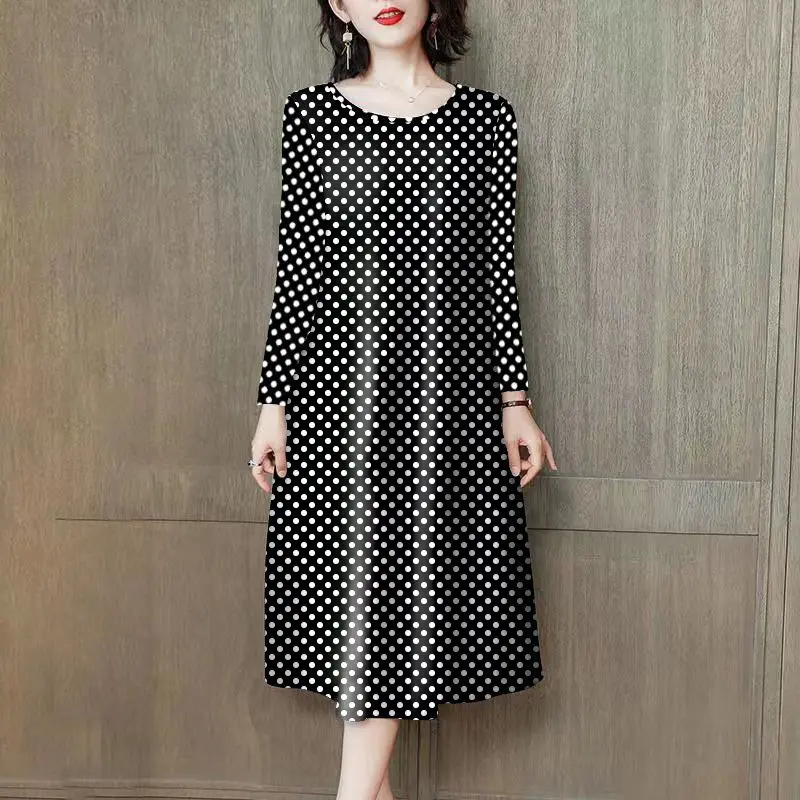 2023 Autumn and Winter Women\'s Pullover Round Neck Patchwork Polka Dot Striped Loose Fashion Casual Elegant Long Sleeve Dress