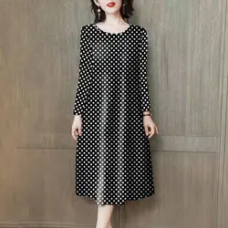 2023 Autumn and Winter Women's Pullover Round Neck Patchwork Polka Dot Striped Loose Fashion Casual Elegant Long Sleeve Dress