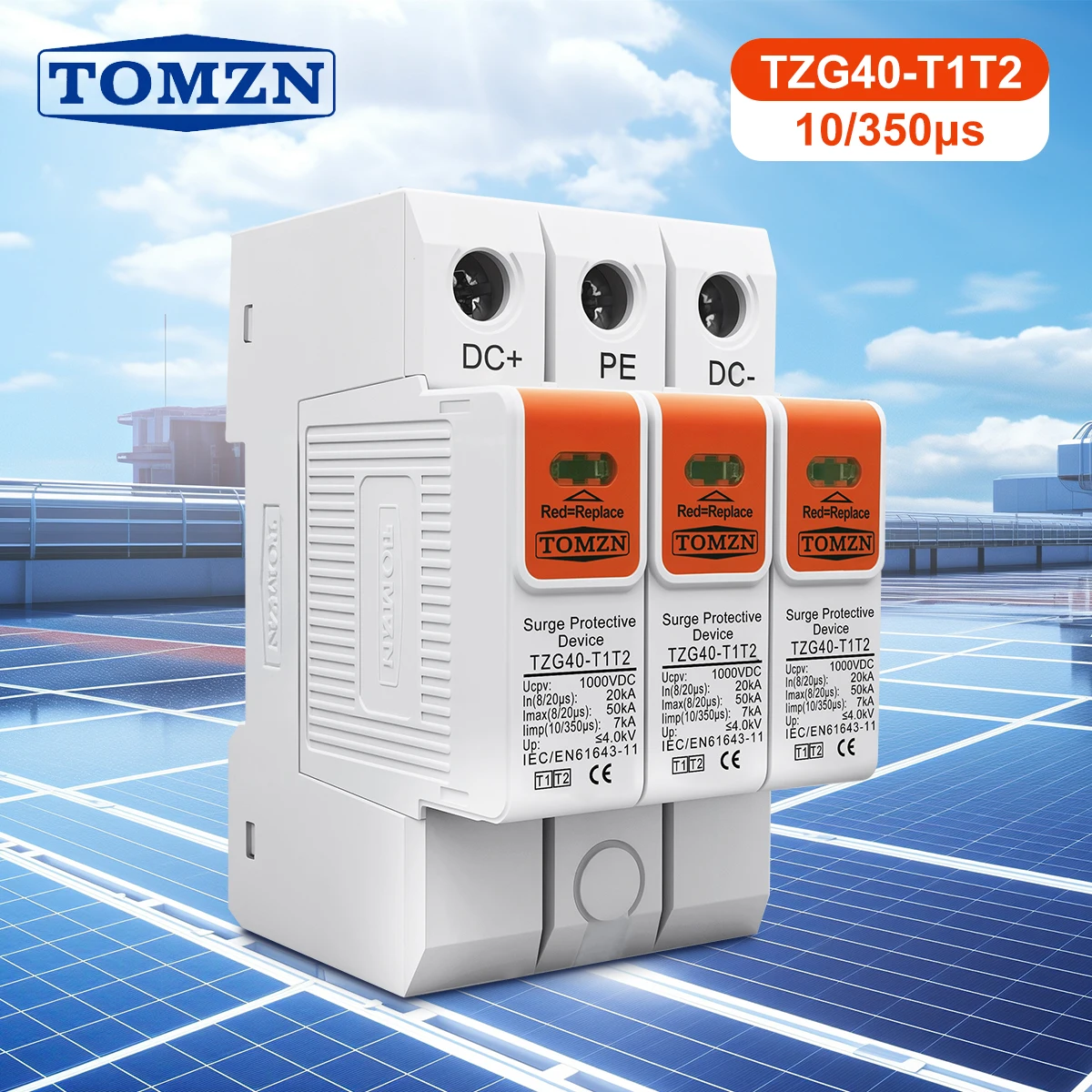 TOMZN offical T1T2 DC SPD 1000V 1200V 8/20μs 20-50kA 10/350μs 7kA Surge Protector Protective Low-voltage Arrester Device