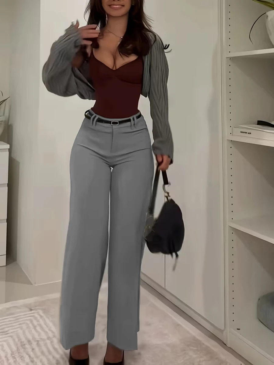 Elegant Women High Waist Wide Leg Pants Gray Solid Loose Straight Office Trousers Chic Casual Full Length Ladies Trouser