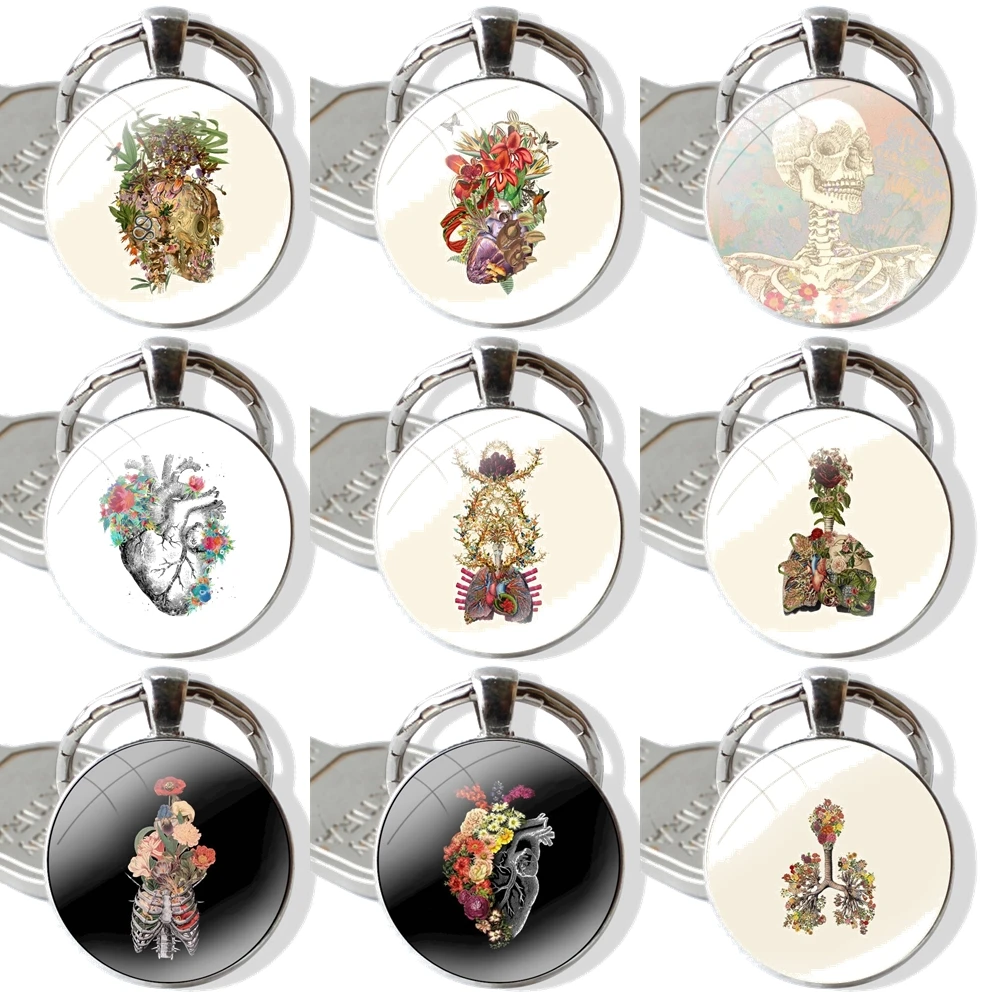 Glass Metal Pendant Key Chain Classic Men Women Key Ring Accessories Jewelry Gifts Human Organs Brain Meridian Kidney