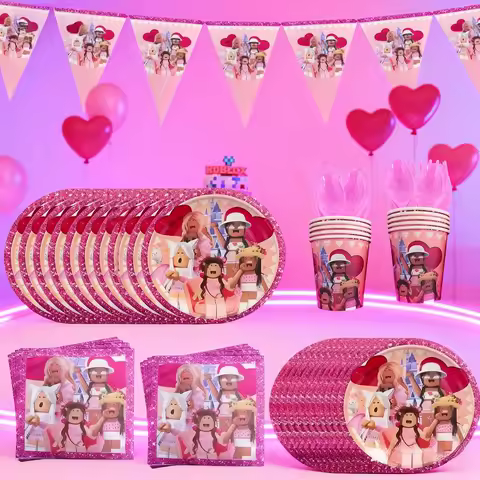 10pcs Hot ROBLOX Game Birthday Party Pink Paper Cup 7-inch Paper Plate and Paper Hat Girls Theme Party Supplies Gifts