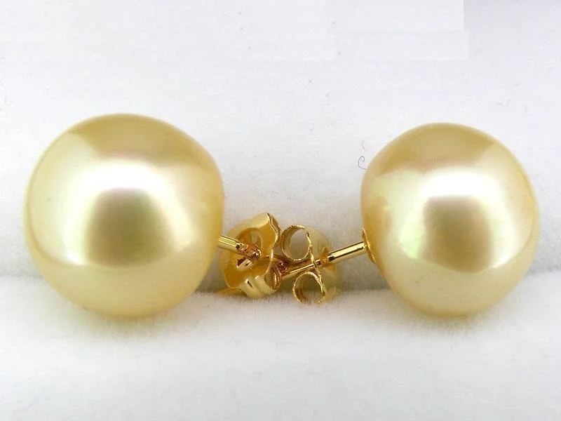 New AAAA 11-12mm Akoya Golden Stud Earrings Pearl Earrings 14k