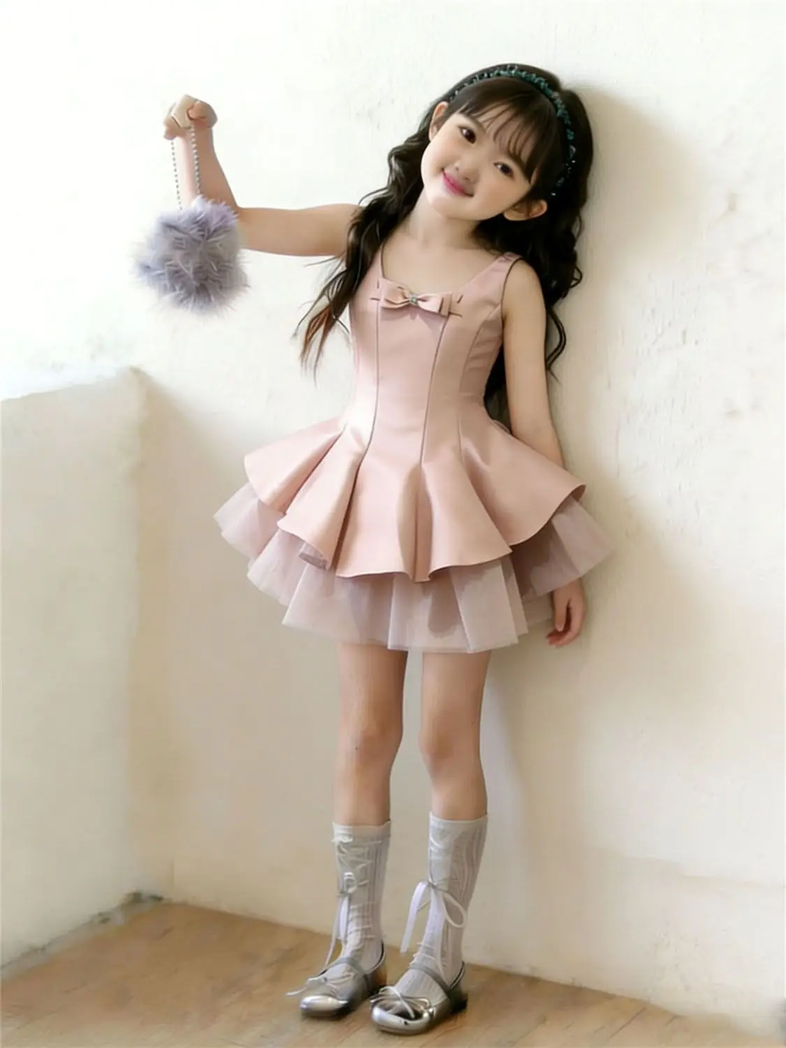 

French girls' 2026 summer new pink bow mesh dress, sweet waist cinching and fluffy short skirt for girls