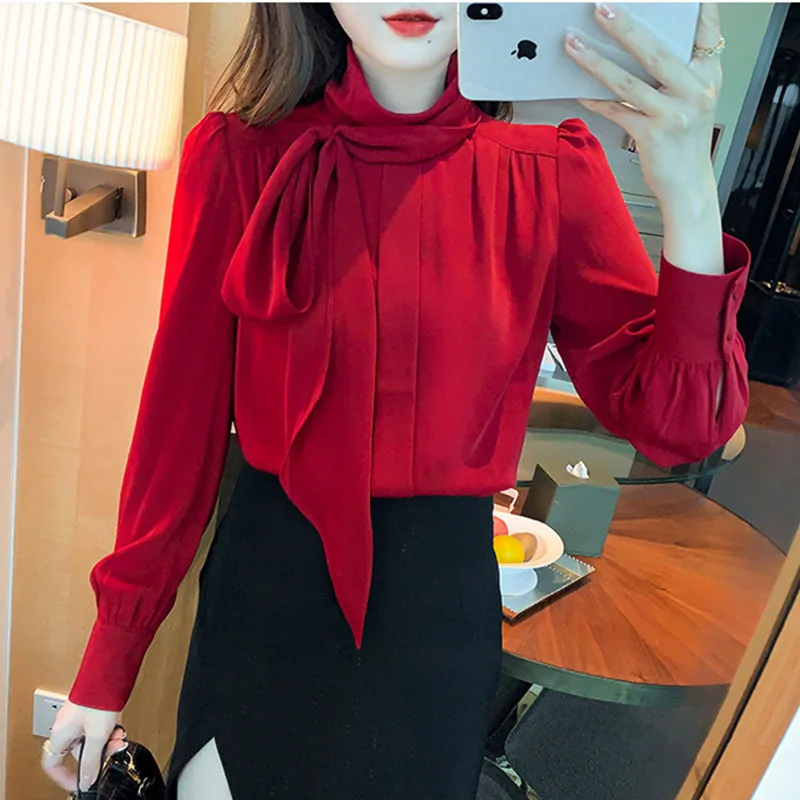 runway designer stylish red stand collar bow long sleeve red blouse for women spring summer OL fashion clothing vintage