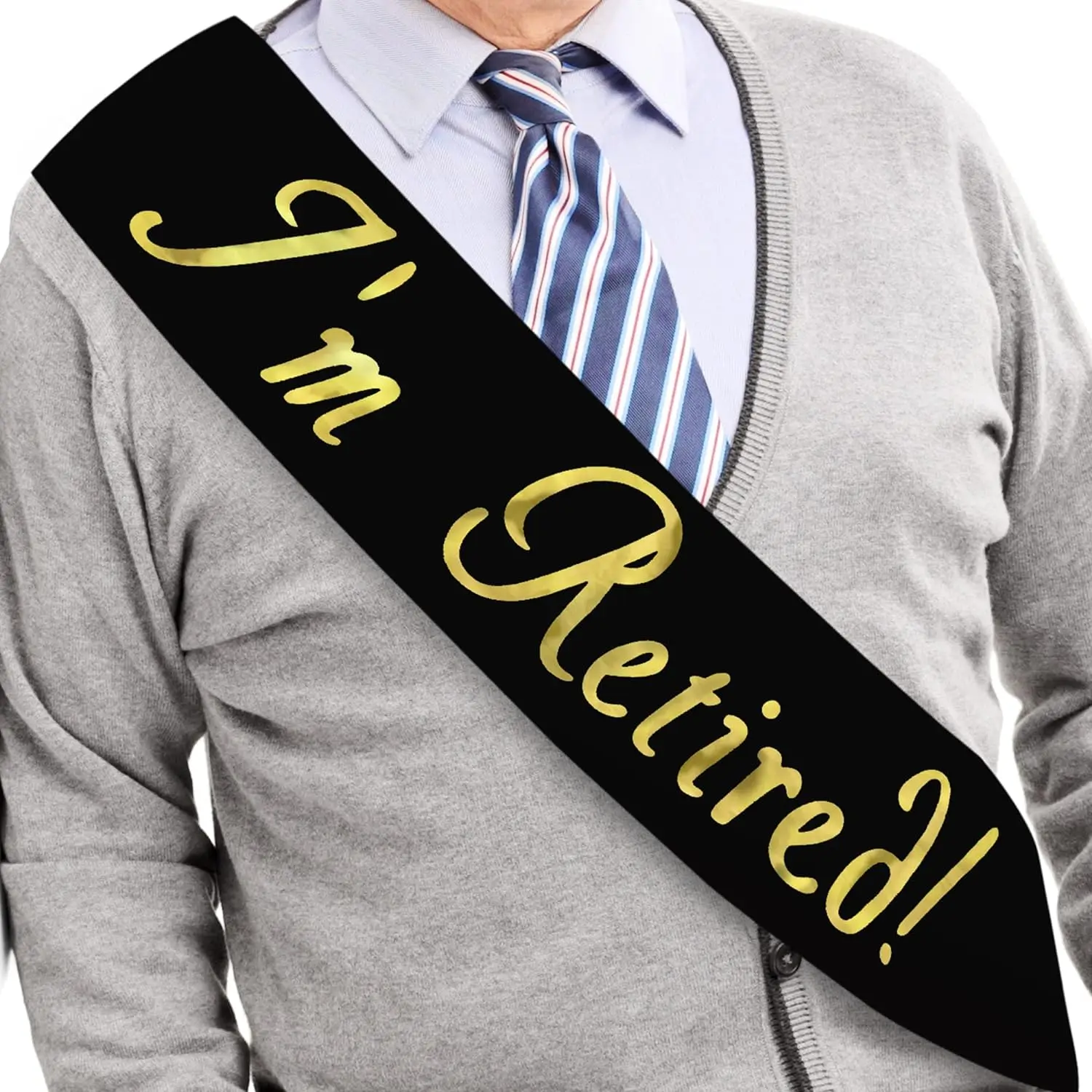 I’m Retired! Sash – Black & Gold Foil Retirement Sash for Women and Men & Large Safety Pin