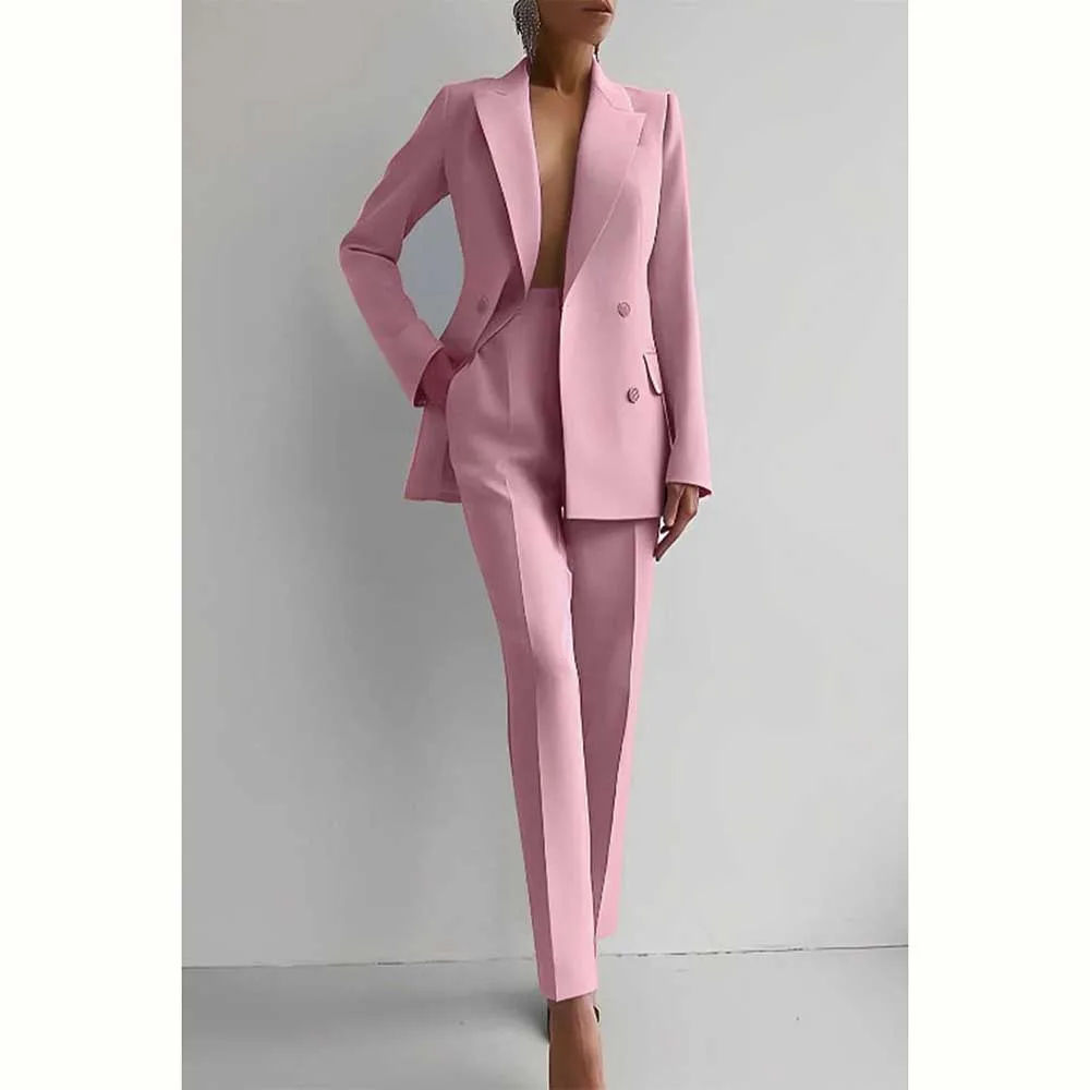 Elegant Suit for Women Double Breasted Notch Lapel 2 Piece Jacket Pants Female Clothing Fashion Office Lady Slim Fit Blazer Set