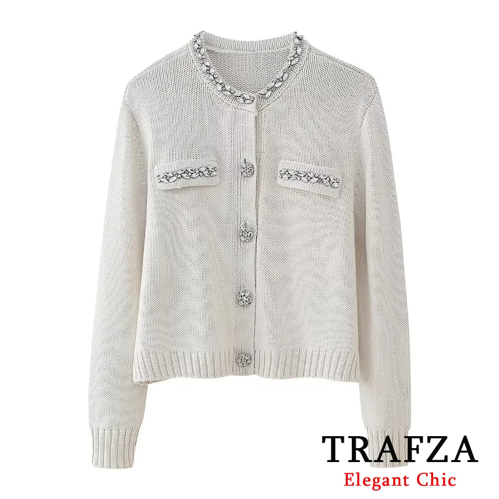 

TRAFZA Elegant Casual Plain Knit Cardigan Women's Milky White Coat with Rhinestones New 2024 Spring Fasion Basic Cardigan