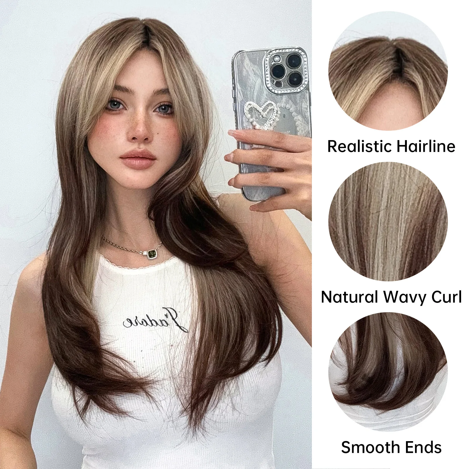 Perucas retas sintéticas com franja para mulheres, ombre, marrom, platina, longa, em camadas, natural, branco, cosplay