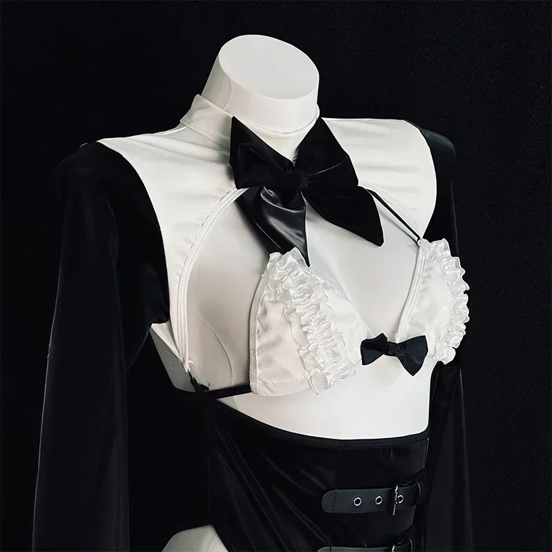 Anime Sexy Maid Girl Bow Hollow Uniform Cosplay Costume Bra Belt Dark Underwear Set Roleplay Outfit See Through Nightwear