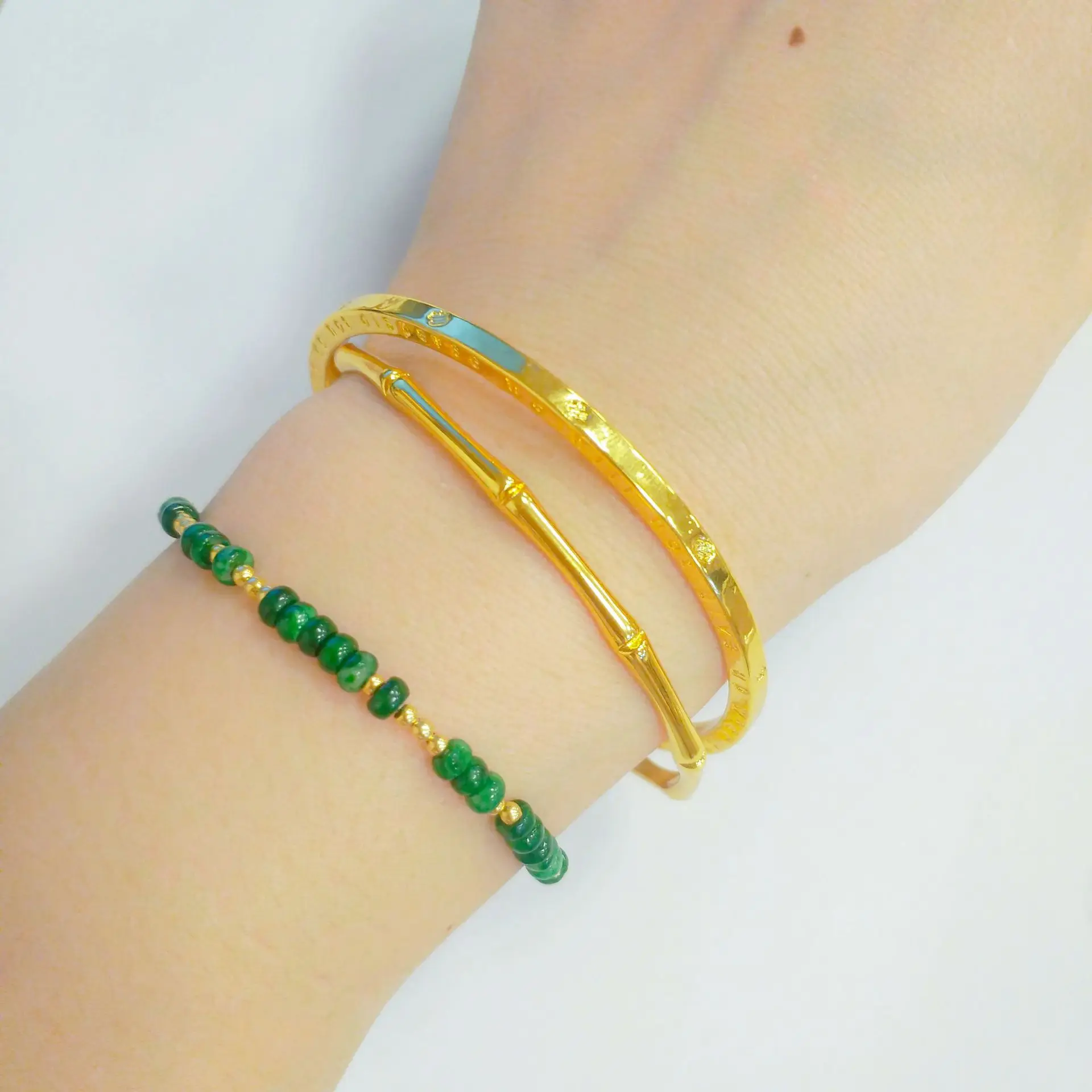 

Women's 24K Gold (AU999) Bamboo Joint Double Ring Bracelet | Liquid metal bamboo joints, gold-inlaid with promotion symbols