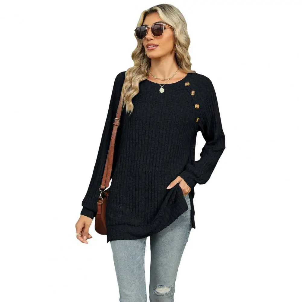 Women T-shirt Round Neck Long Sleeve Button Decor Tee Shirt Side Slit Ribbed Solid Color Pullover Tops