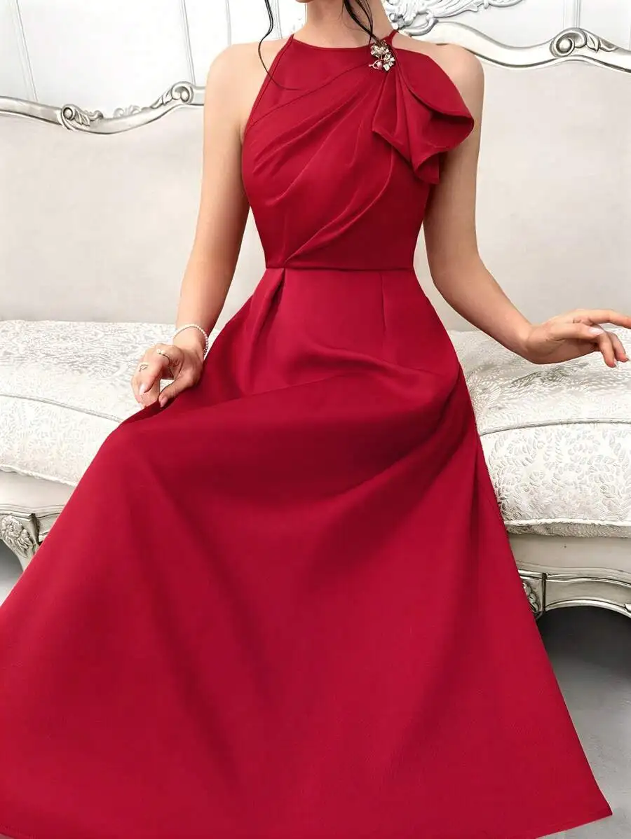 

Red Halter Neck Ruffle Detail Maxi Dress with Crystal Brooch
