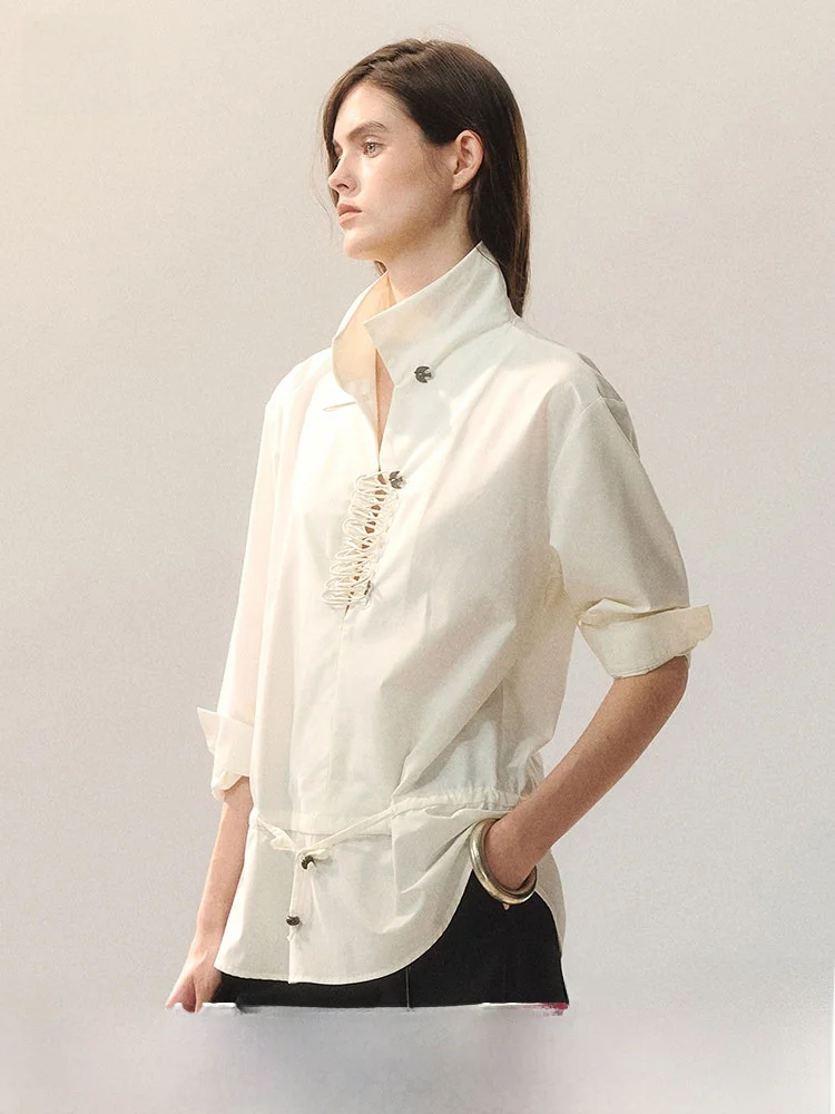 

Loose Fit Deep V Ne Chinese Sle Women's irt Button up Early Spring New Arrival AnnoMundi Synthetics Bamboo Fiber