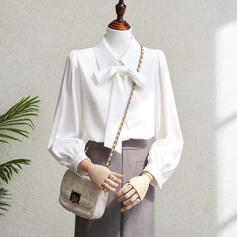 Camisa Larga de Gasa con Nudo Blanco para Mujer, Nueva Camisa Informal de Primavera y Otoño para Entrevistas de Trabajo, Estilo Holgado