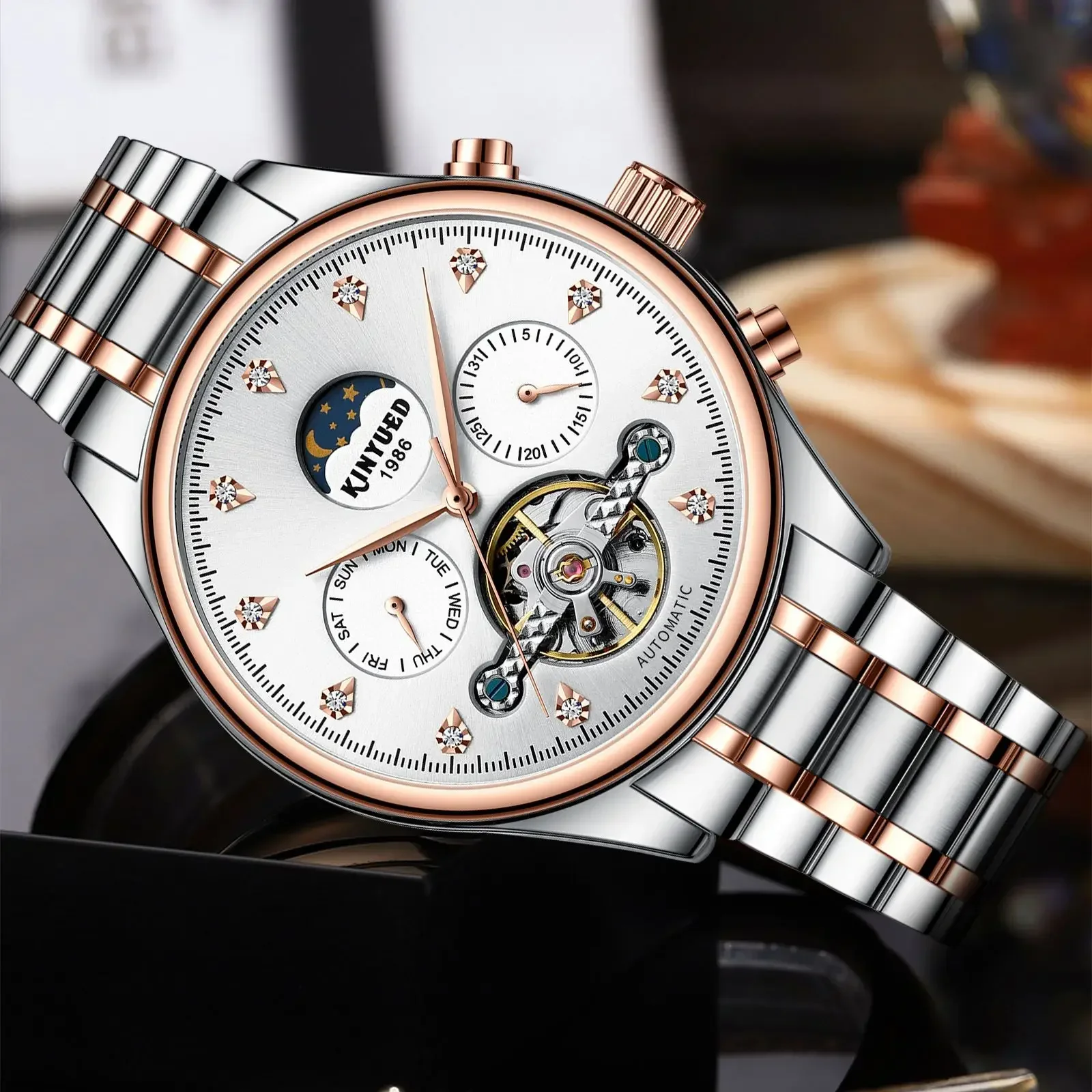 Kinyued Men's Watch Business Stainless Steel Strap Flywheel Moon Phase Dial Wristwatch Waterproof Luminous Reloj De Moda